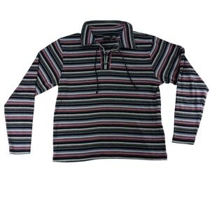 VTG Erika Striped Lace Up Collar Long Sleeve Womens Sz L Pink Black Gray Blue